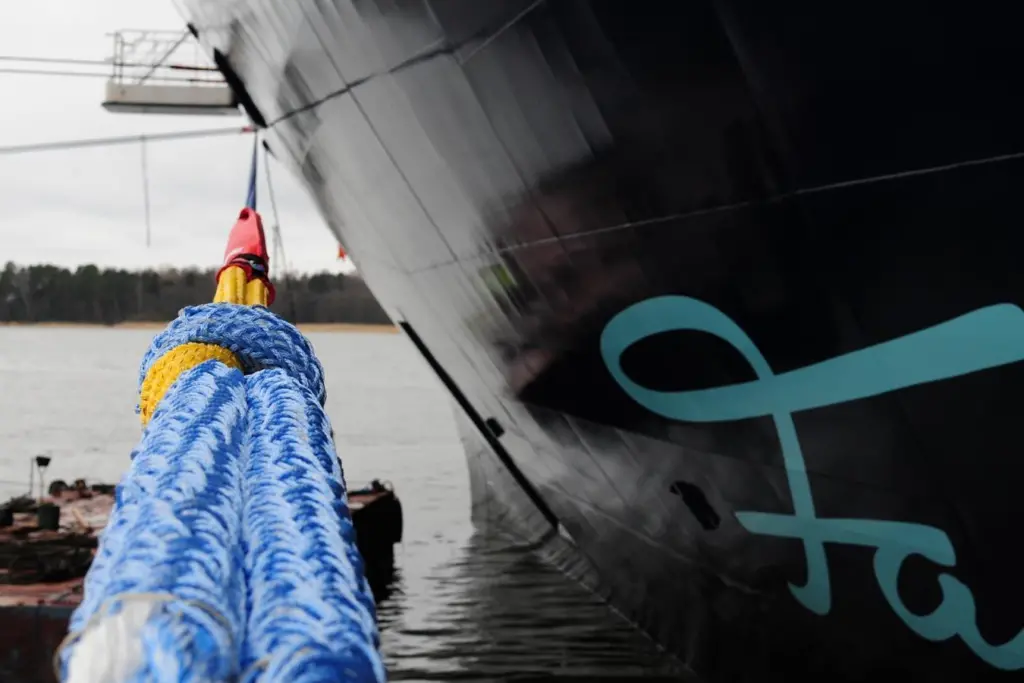 The images shows Wilhelmsen's Timm Snap Back Arrestor (SBA) rope tied to a mooring line at the dock holding a ship stable