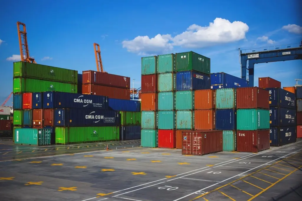 An image of colourful shipping containers stacked on a quayside