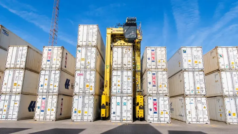 reefer containers stacked at a port