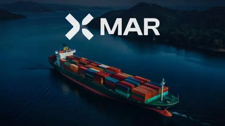 Graphic of XMAR logo over an image of a container ship