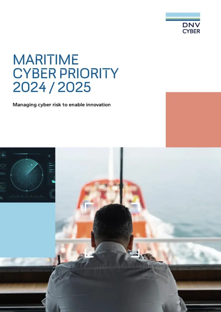 Cover of DNV's Maritime Cyber Priority 2024/2025 report showing a ship's captain at the helm, shot from the back