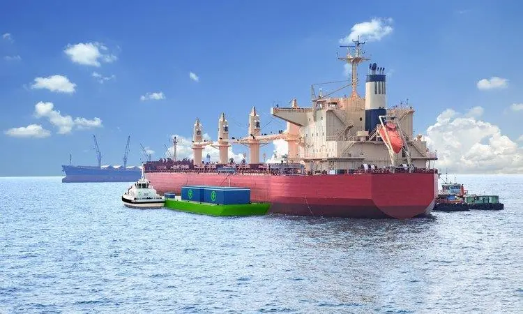 Artist's impression of a CHAMP clean power barge providing power to a vessel in harbour