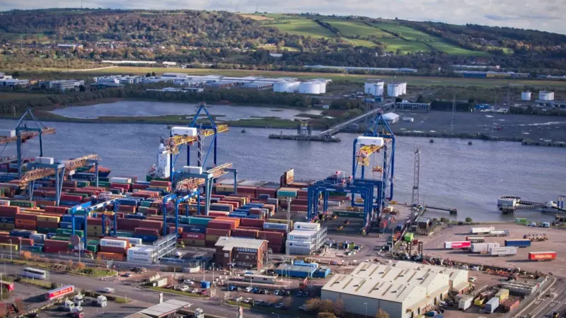 The image shows a wide angle shot of Belfast Harbour