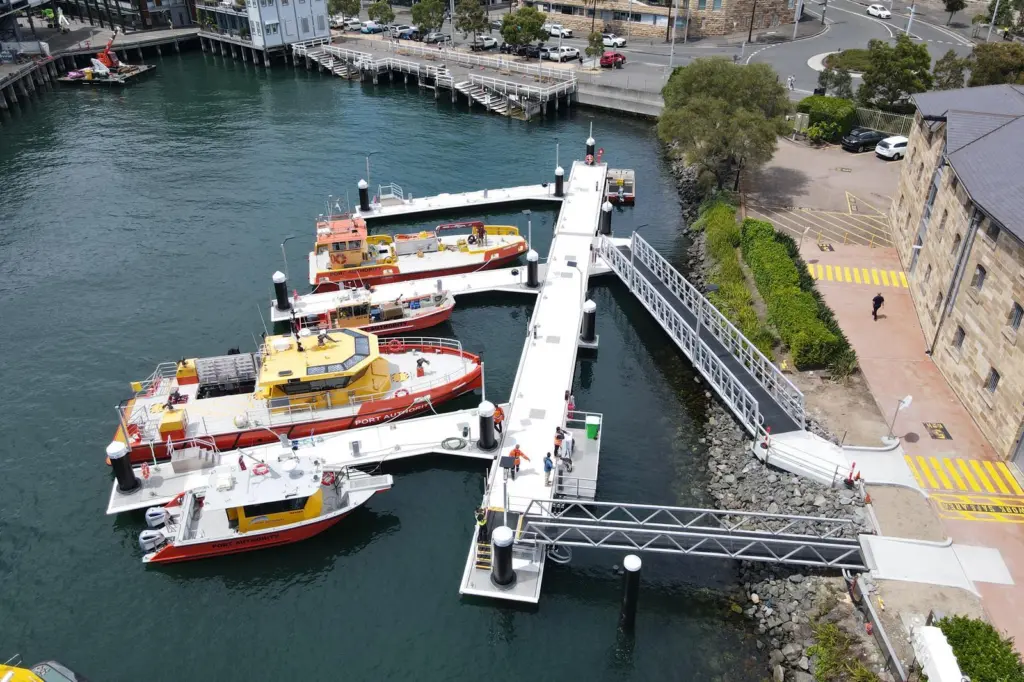 A drone image of Port Authority's new floating pontoon at Moores Wharf