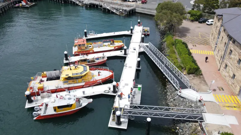A drone image of Port Authority's new floating pontoon at Moores Wharf
