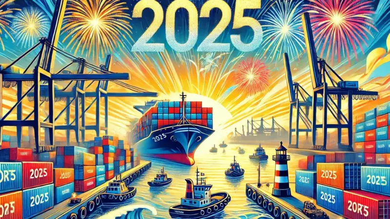 The start of 2025 with a ports theme, depicted in a landscape format which shows a bustling harbour at sunrise