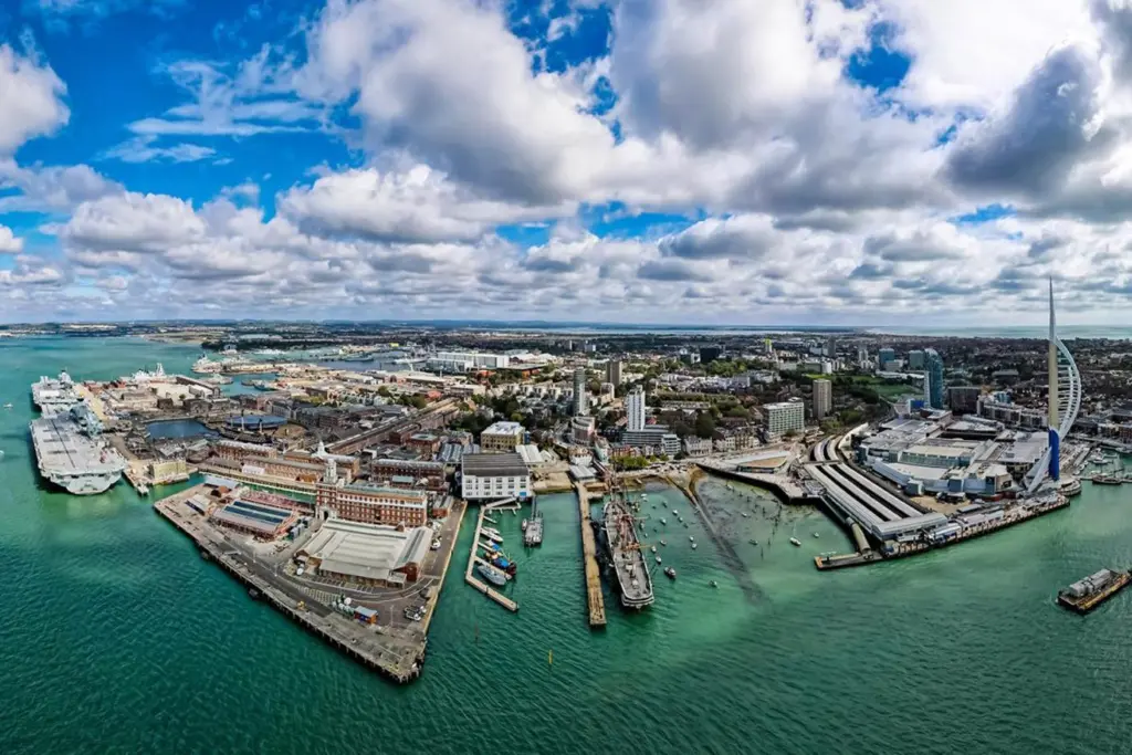 The image shows an overhead shot of Portsmouth Port