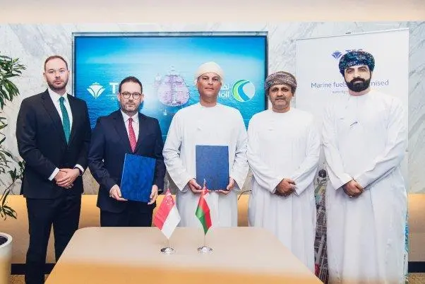 Angus Littleford, Head of Global Accounts for TFG Marine; Mark Russell, Chief Commercial Officer, TFG Marine; Tarik Al-junaidi, Chief Executive Officer, OOMCO; Amer Jaboob, General Manager B2B, OOMCO and Dr Ahmed Murad Al Balushi, Manager Corporate Affair