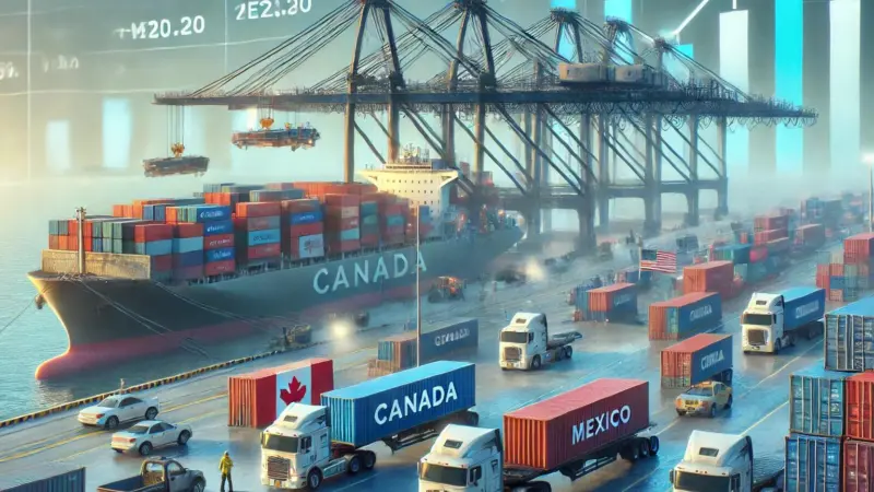 The image shows a container ship with boxes of imports from various countries generated using AI for illustrative purposes