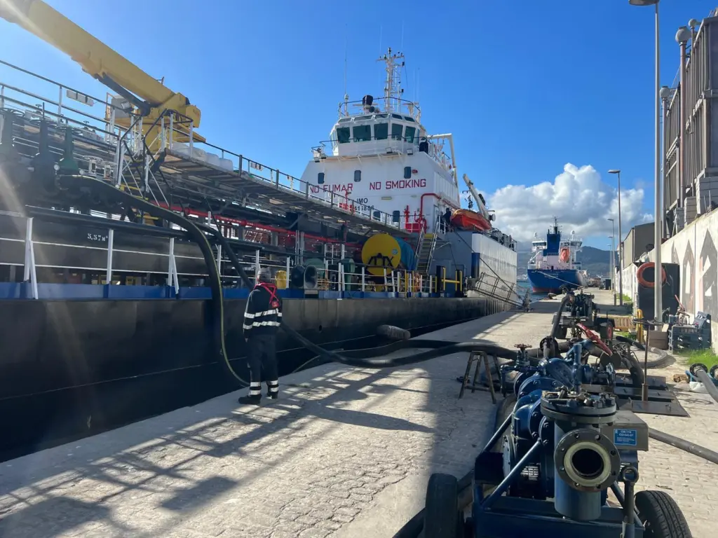 Fuel being supplied to a ship at the Port of Ceuta