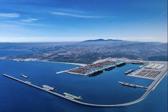 The image shows a render of the Nador West Med Port due for completion in 2027