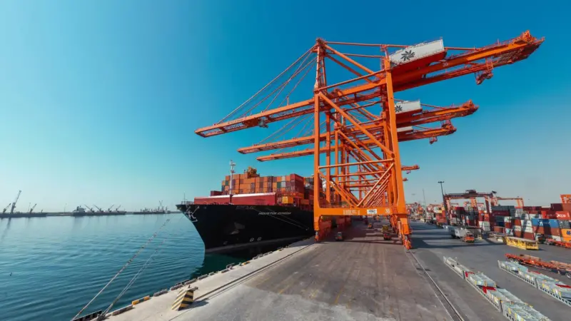 Ship-to-shore cranes and a cargo ship at the Port of Salalah