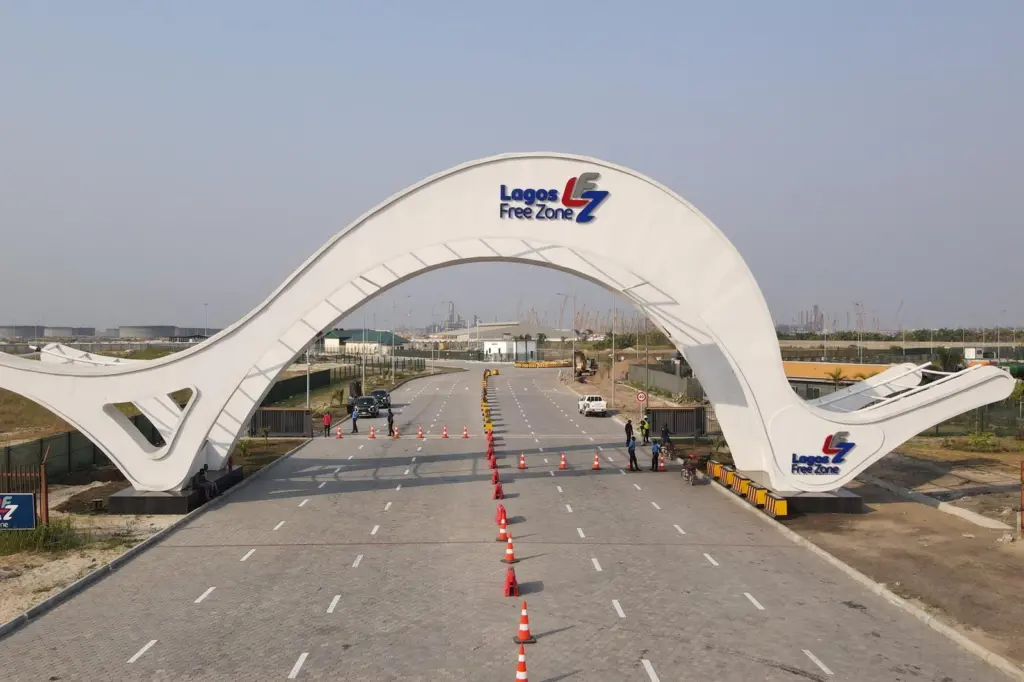 The image shows the entrance arch to Lagos Free Zone