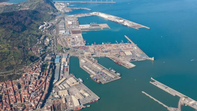 The image shows an overhead shot of Bilbao Port
