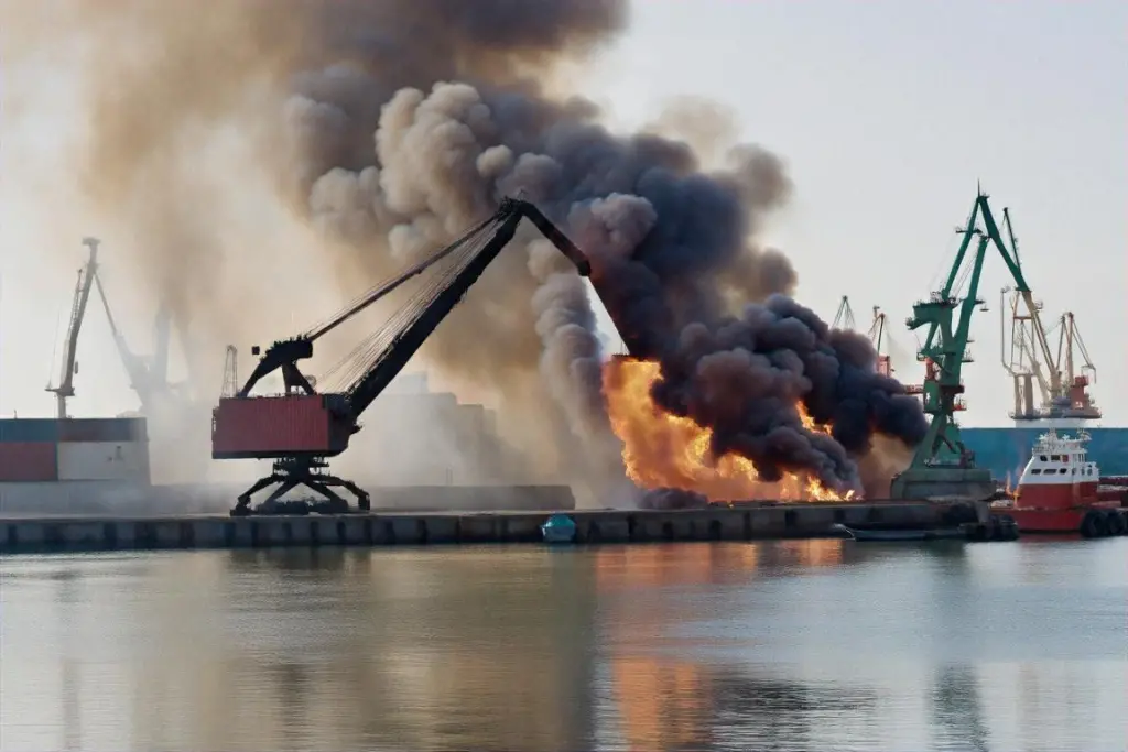 port equipment on fire