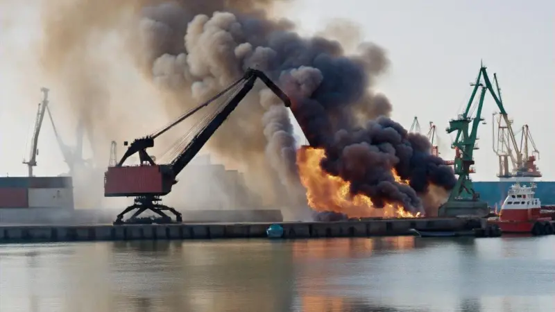 port equipment on fire
