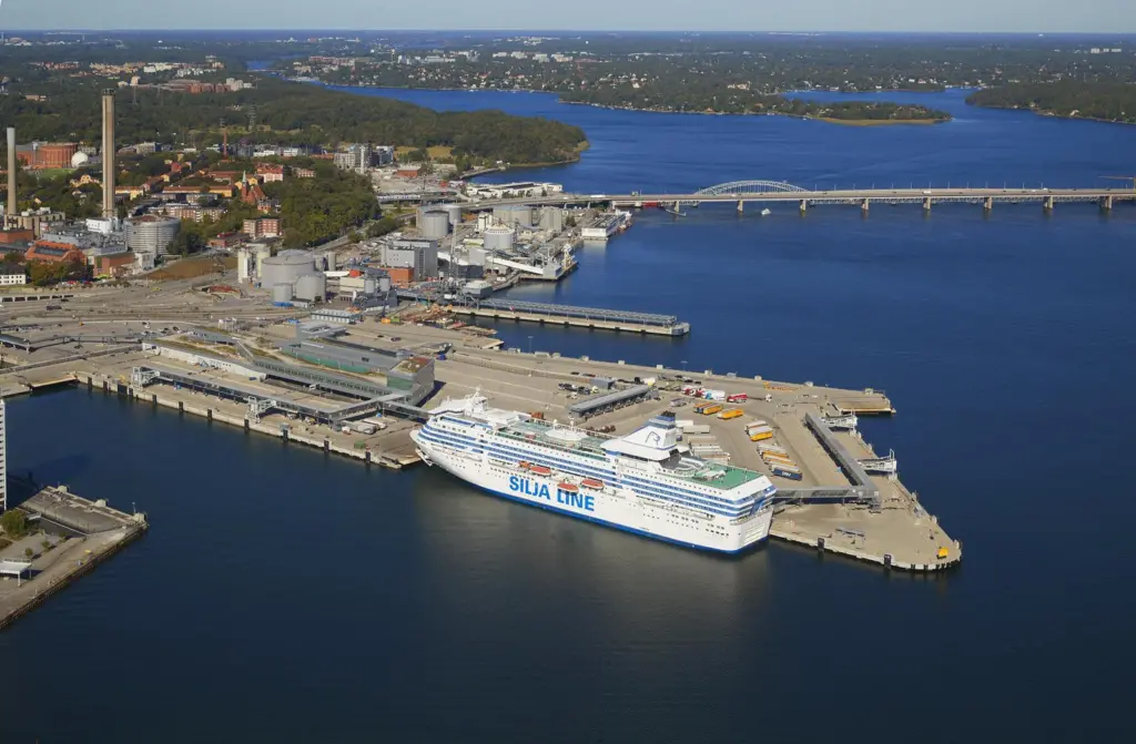 A Silja Line cruise ship docked at a Swedish port