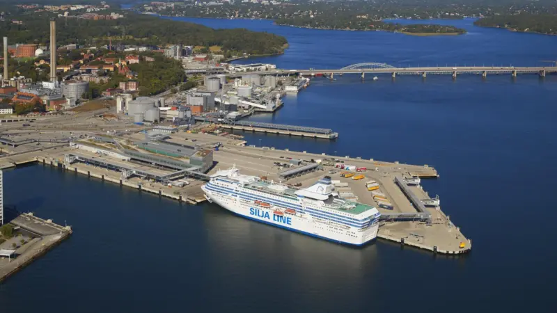 A Silja Line cruise ship docked at a Swedish port