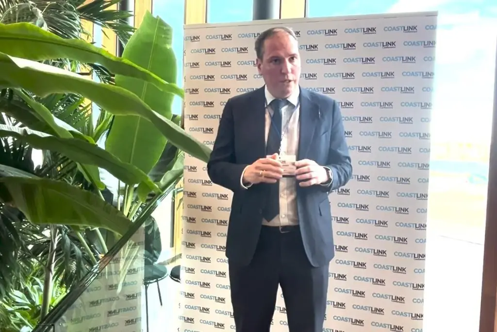 The image shows Johan-Paul Verschuure, director, Rebel Ports, talking at Coastlink 2024