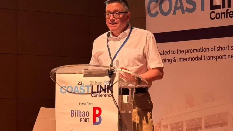 Nathan Alemany, senior marketing manager, Peel Ports Group at the podium