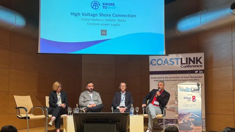 Norbert Grech, senior manager - Ports and Yachting Directorate, Transport Malta with panelists, Kieran Morton, Business Development Manager, Port of Aberdeen, Tania Berry, Electrical Capability Lead, BMT and James Evans, Head of Operations, Portsmouth Int