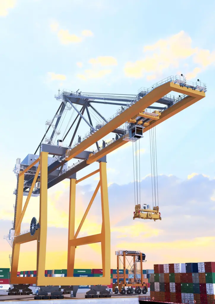 An AI image of a ship-to-shore crane surrounded by containers