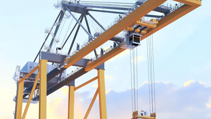 An AI image of a ship-to-shore crane surrounded by containers