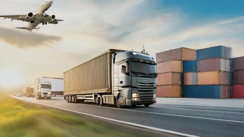 Truck, containers and aeroplane to signify the movement of freight
