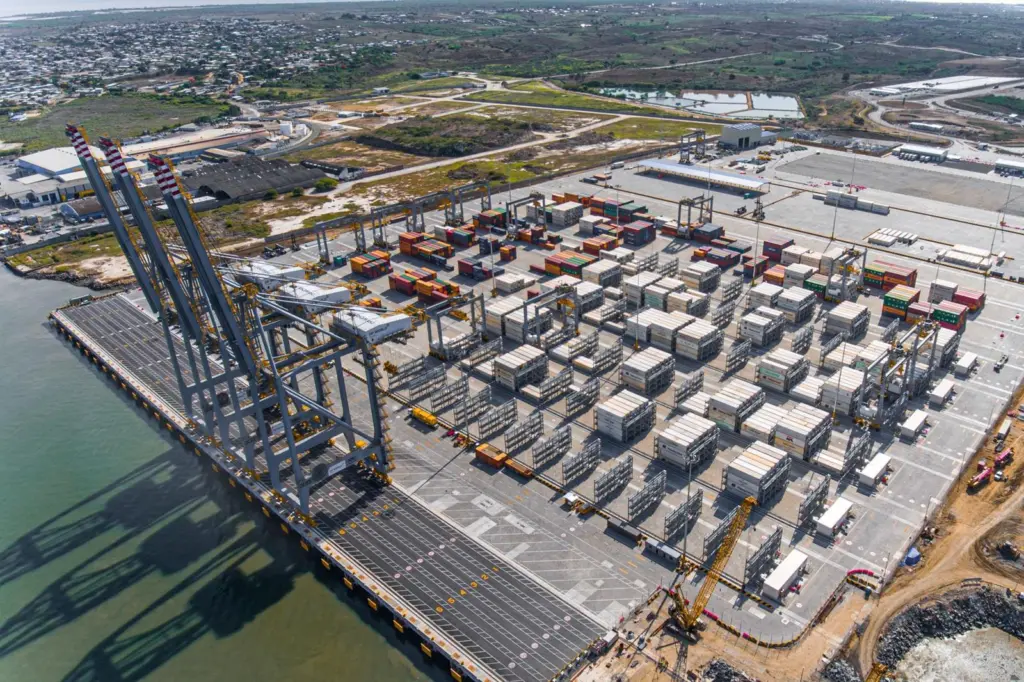 The photo shows an aerial shot of Ecuador's Port of Posorja