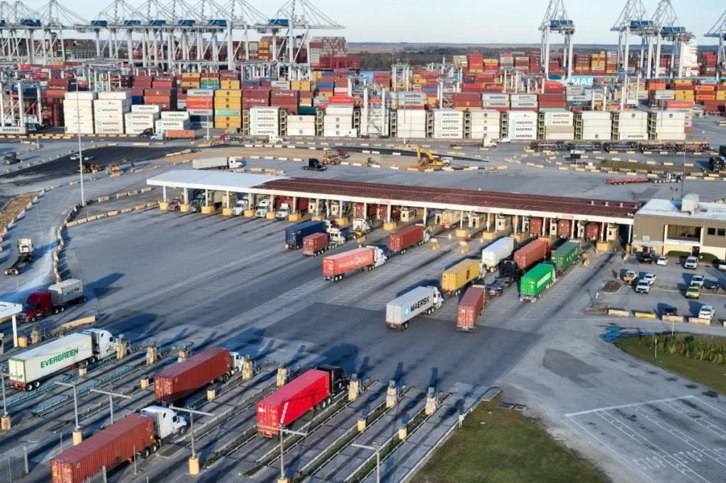Containers, trucks and cranes at the Port of Savannah