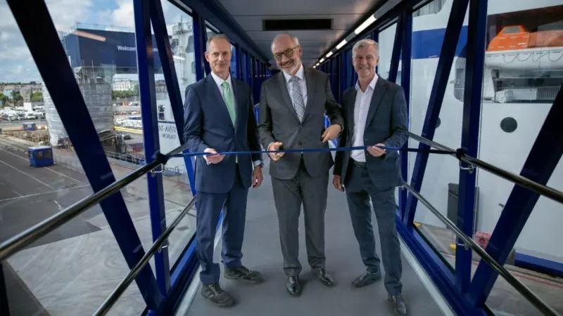 (l-r) Julian Walker, CCO and regional director at ABP; Christophe Mathieu, CEO of Brittany Ferries and Councillor Mark Lowry, Cabinet Member for Finance at Plymouth City Council