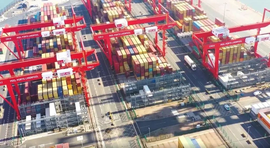 Aerial shot of cranes and containers at the Port of Liverpool