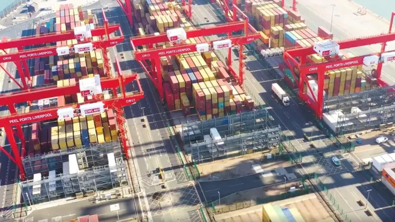 Aerial shot of cranes and containers at the Port of Liverpool