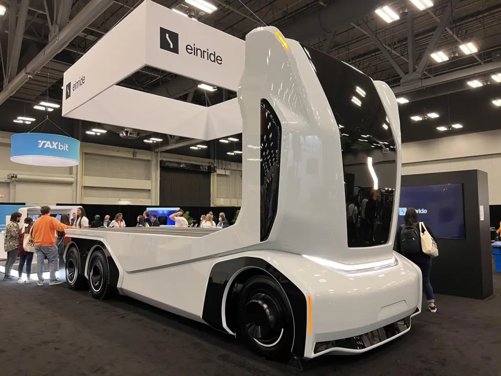 A prototype of an einride self-driving truck on display