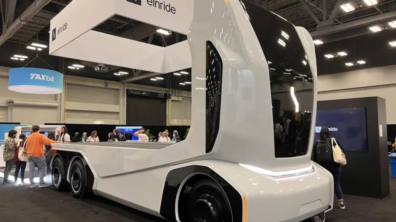 A prototype of an einride self-driving truck on display