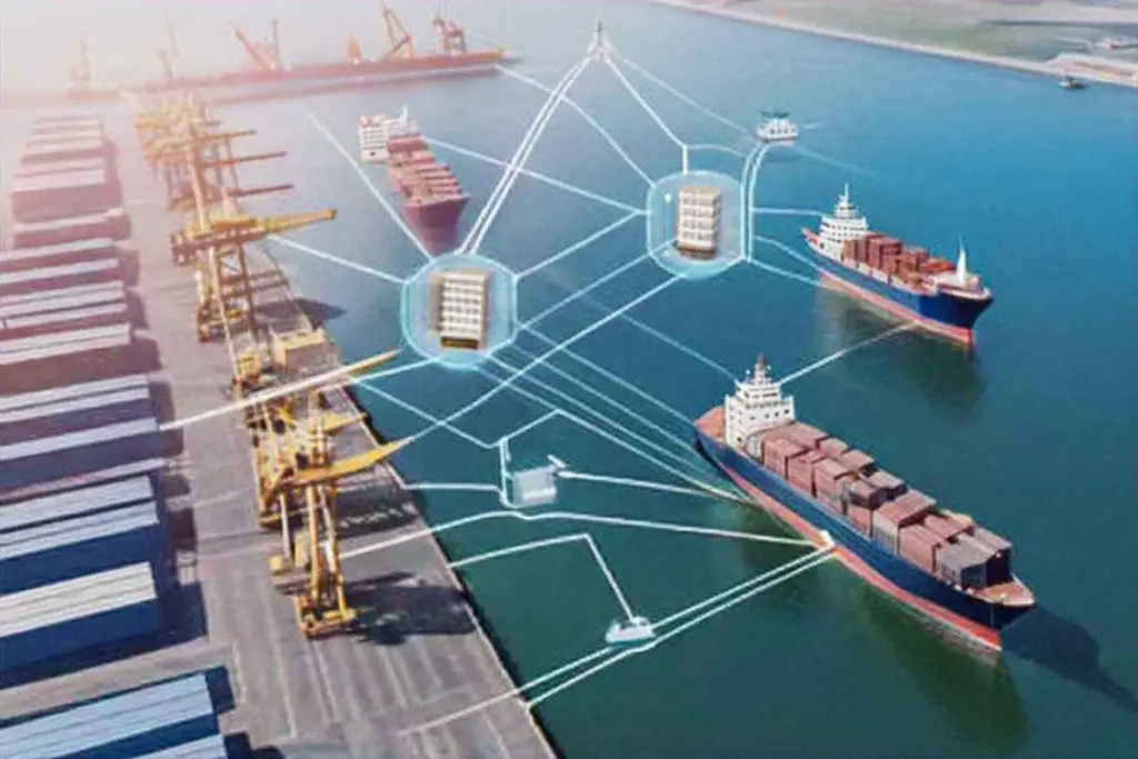 AI generated image showing ports, ships and data transfer