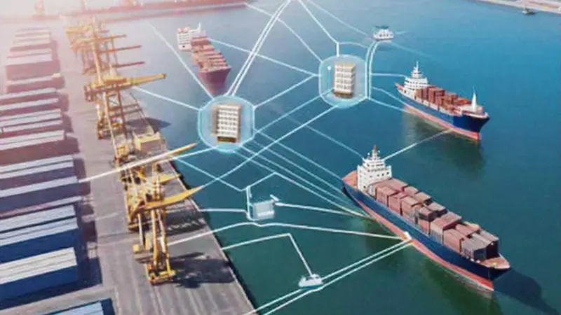 AI generated image showing ports, ships and data transfer
