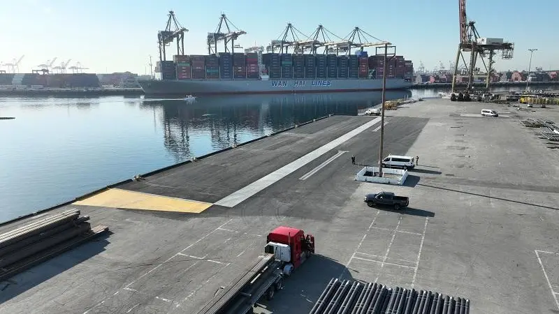 Pasha Wharf at the Port of Los Angeles with a Wan Hai Lines ship at dock