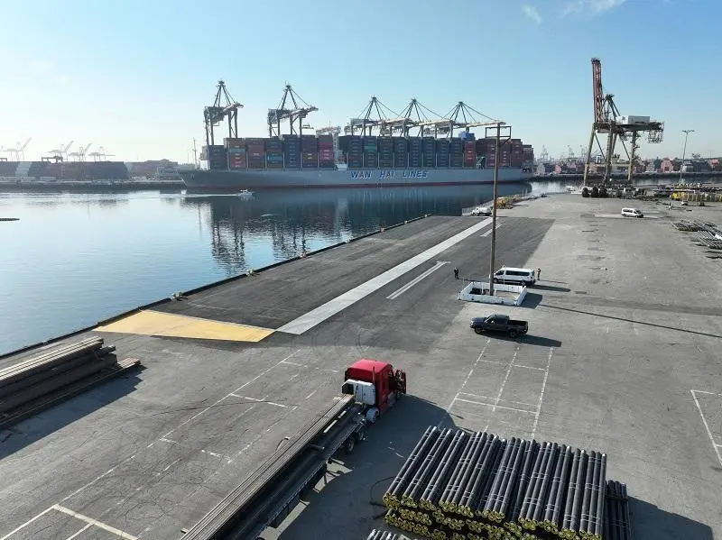 Pasha Wharf at the Port of Los Angeles with a Wan Hai Lines ship at dock