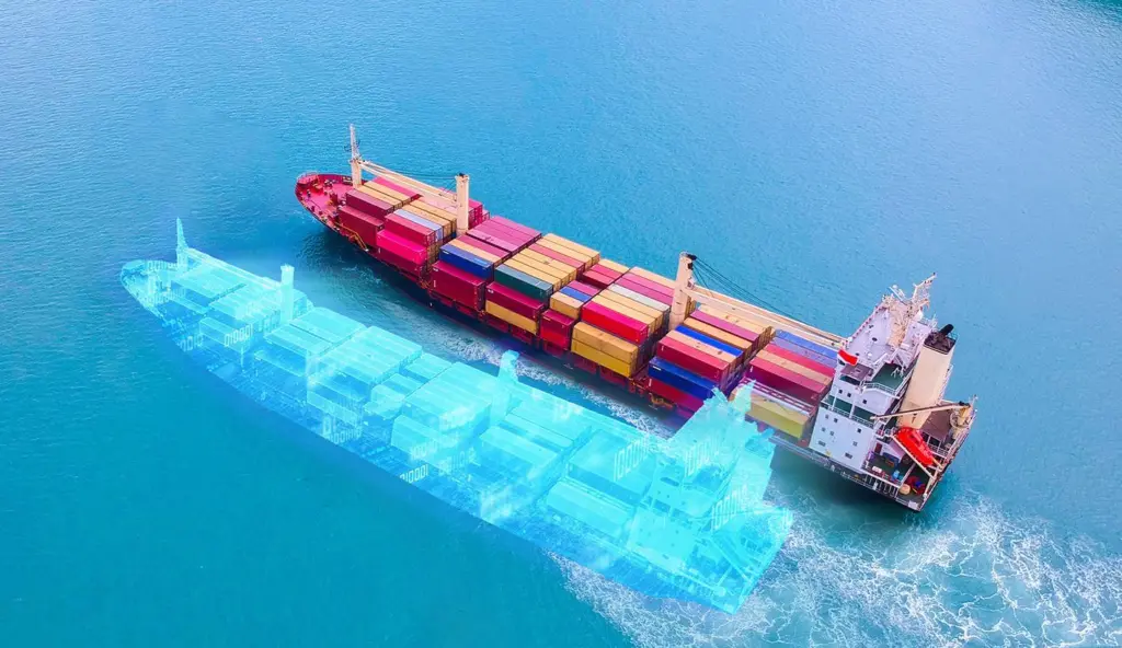 Rendering of a container ship with ghostly 'digital twin'