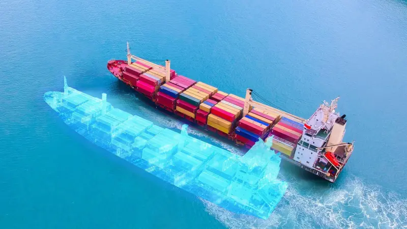 Rendering of a container ship with ghostly 'digital twin'