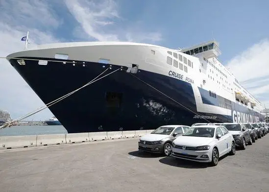 Port of Barcelona with grimaldi cruise ship