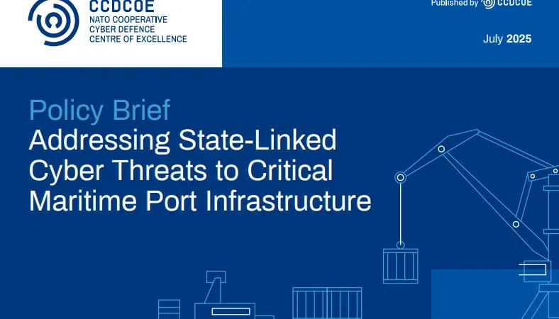 The image shows the front cover of the new NATO CCDCOE policy brief on port cyber security