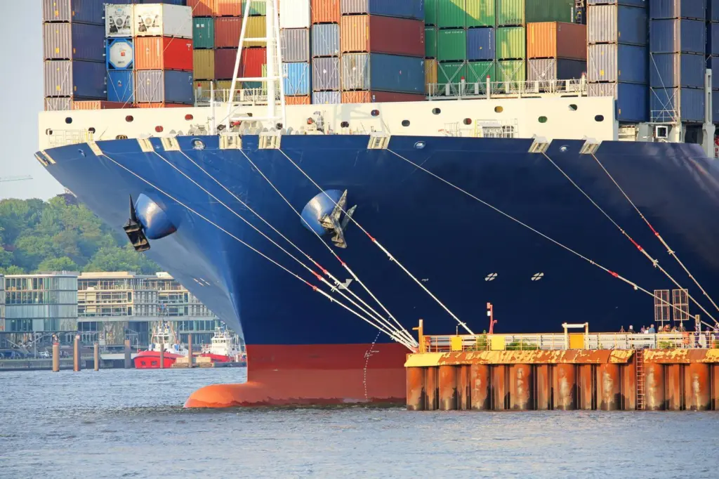 A docked container ship.
