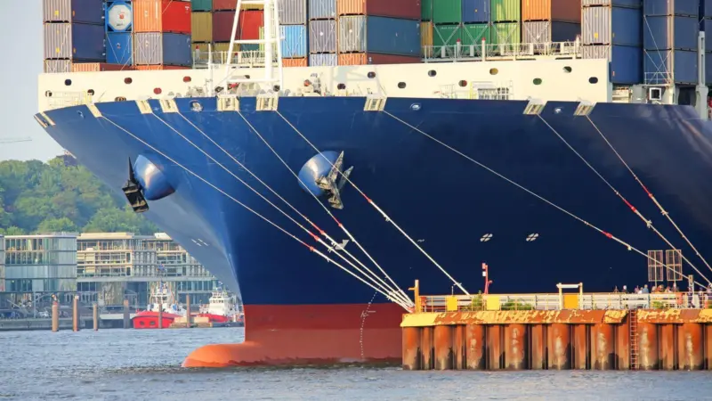 A docked container ship.