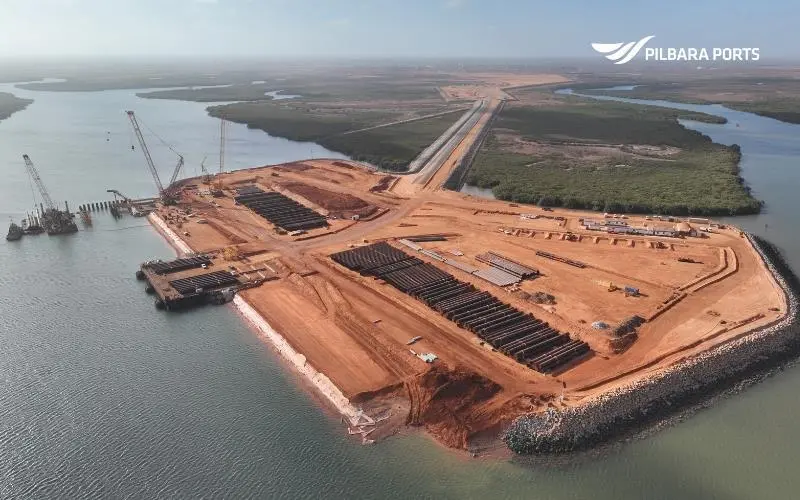 The image shows the latest progress at Pilbara Ports Lumsden Point development in the Port of Port Hedland