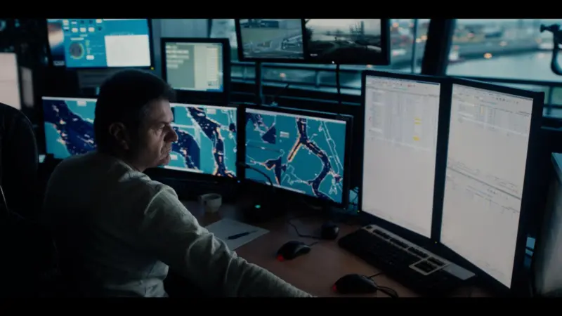 The photo shows an operator in front of the port security platform suite of monitors