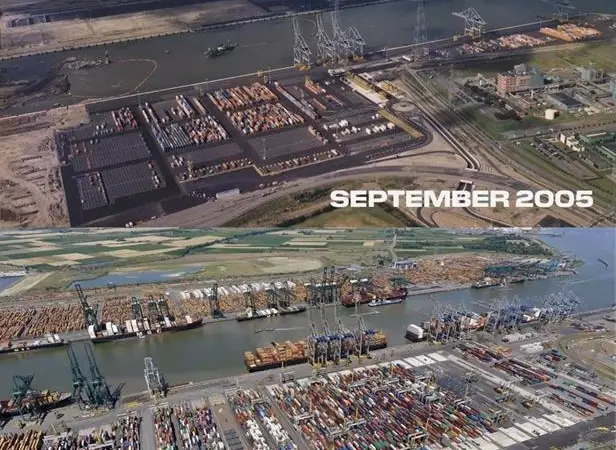 Aerial shots of the Port of Antwerp showing progress from 2005 to 2025
