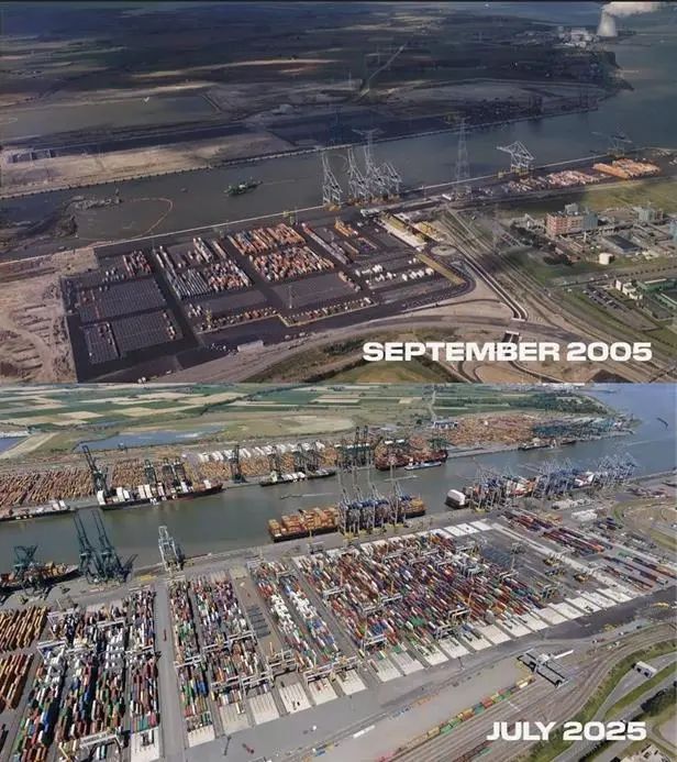 Aerial shots of the Port of Antwerp showing progress from 2005 to 2025