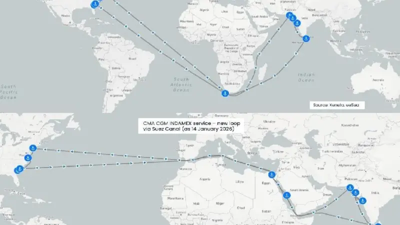 Two maps showing CMA CGM routes around the Cape of Good Hope and through the Suez Canal